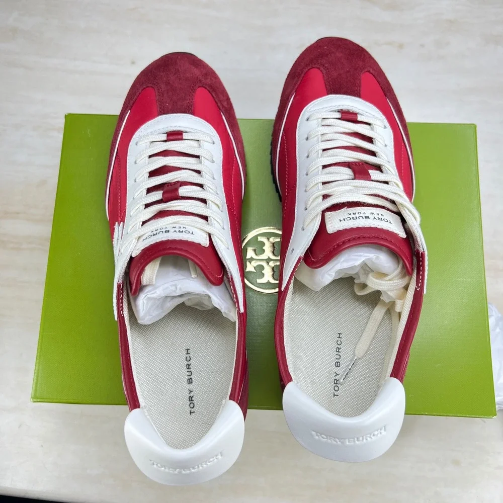 Tory Burch Vintage Sneaker 2.0 Tory Red White Leather Suede 164280 Womens 10.5